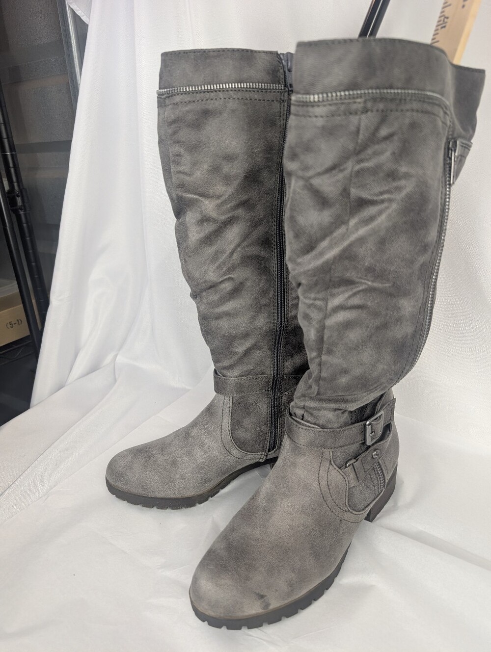 Women's Gray Knee-High Buckle Boots